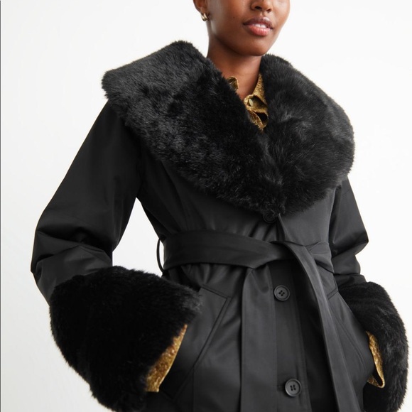 & Other Stories - Faux Fur Trim Wrap Coat - Picture 3 of 5